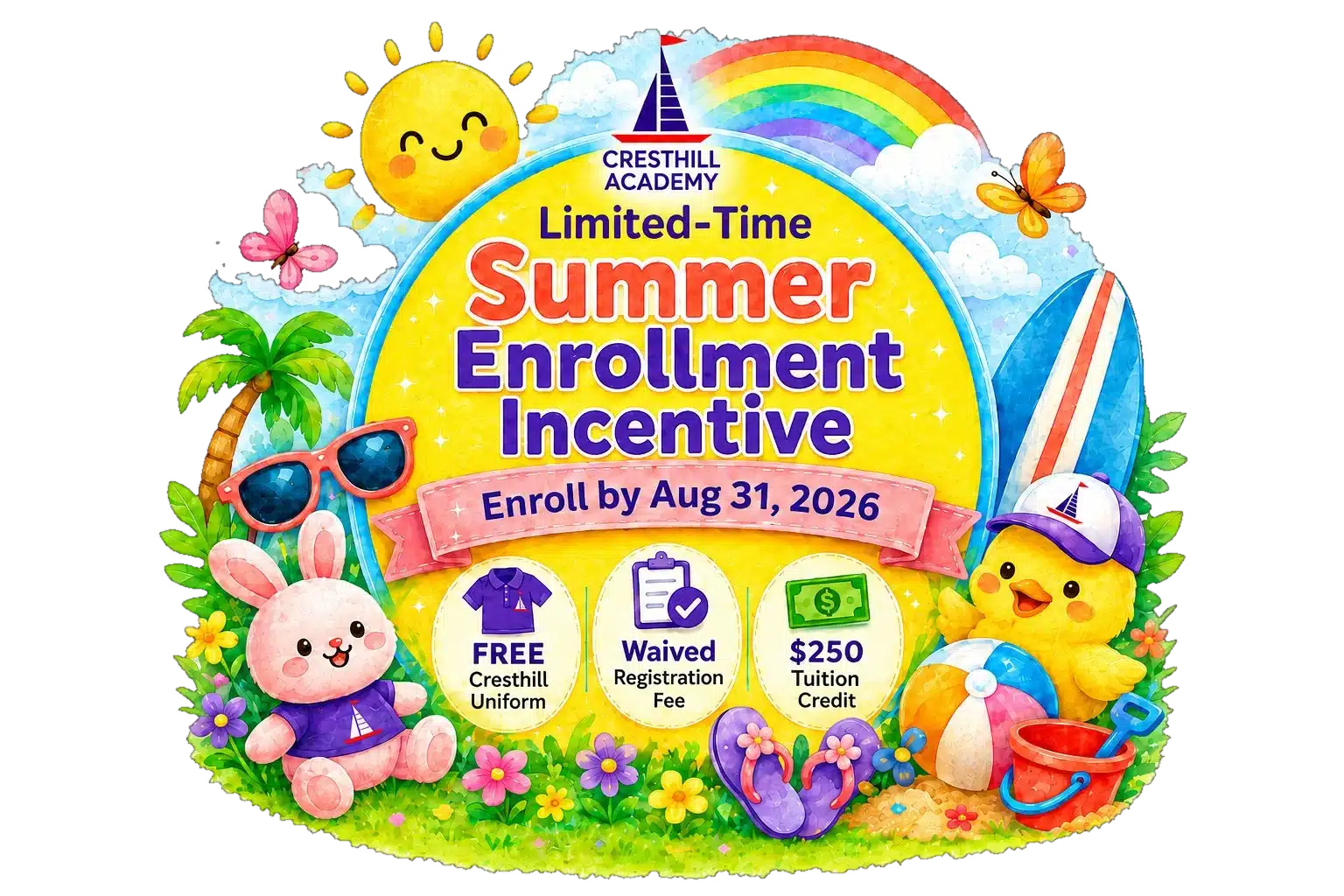 Cresthill Academy limited-time summer enrollment incentive: enroll by August 31, 2026 for a free uniform, waived registration fee, and a $250 tuition credit.